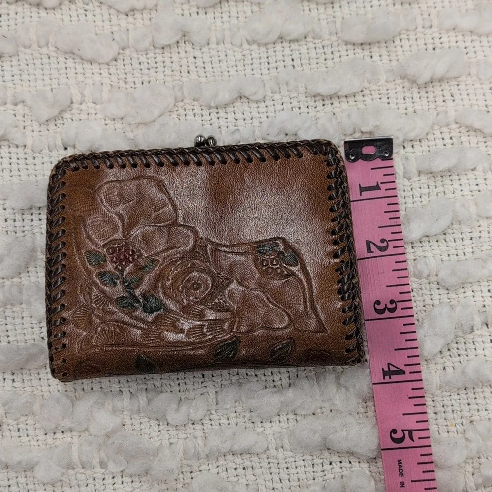 Vintage Leather Tooled Coin Purse 60s Retro Artisan Craft Handmade Wallet